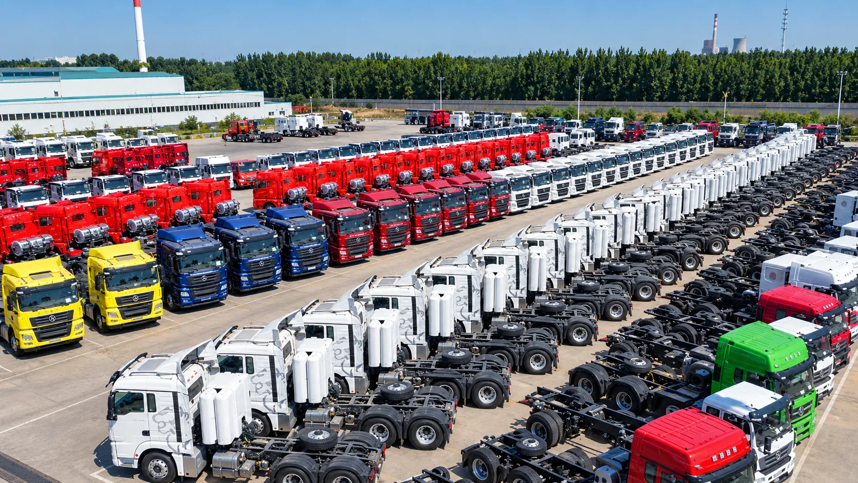 Yard of heavy trucks awaiting shipment