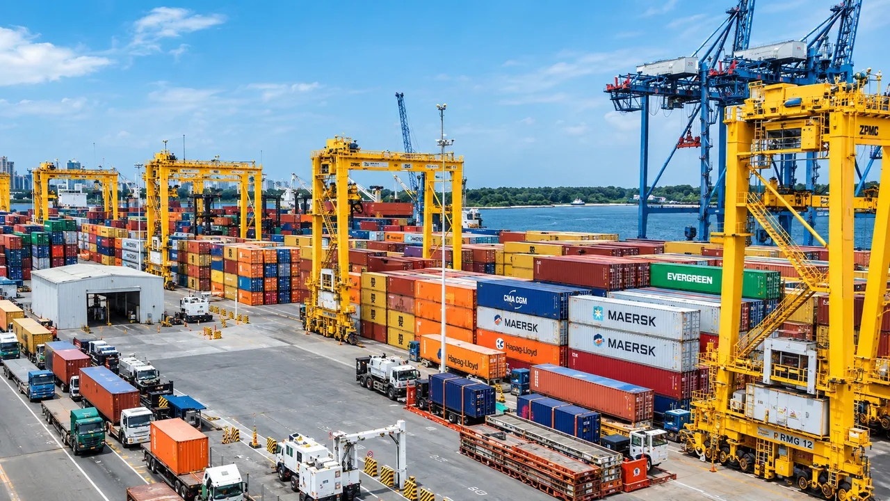 Container terminal where imported machinery is discharged