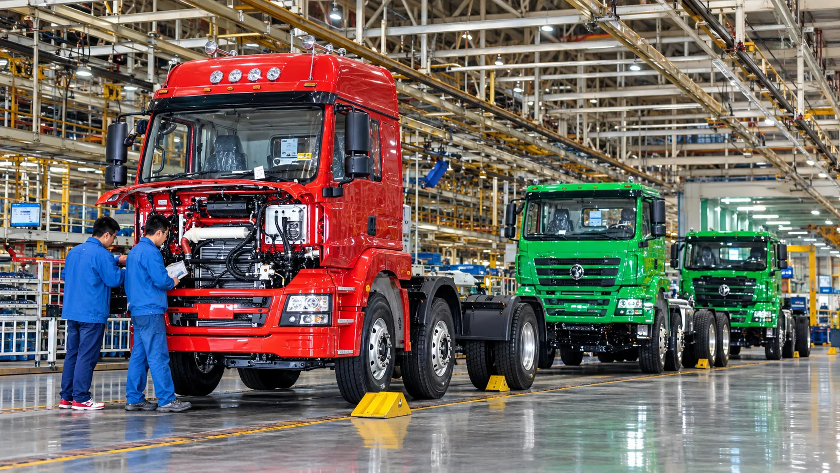 Technicians working on heavy trucks on a factory assembly line